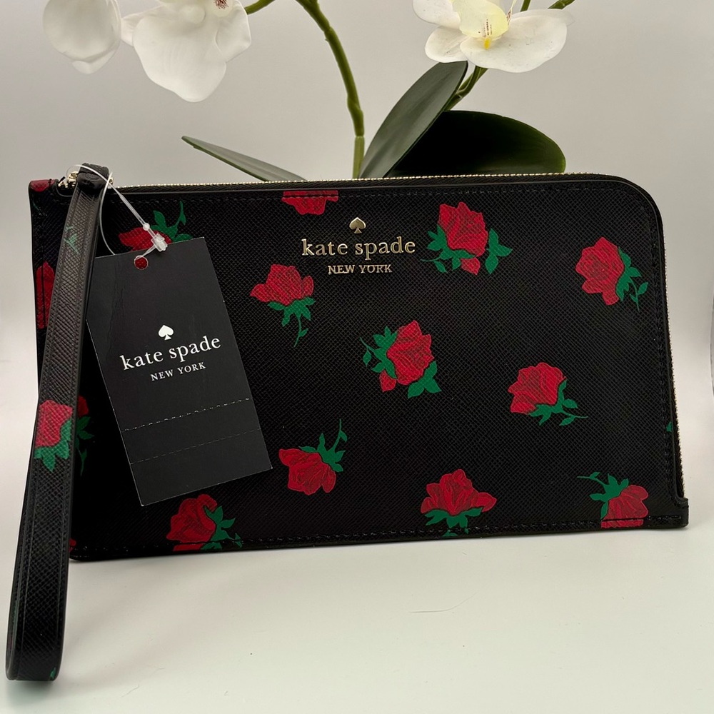 NWT Kate Spade Black and Red Rose Wristlet
